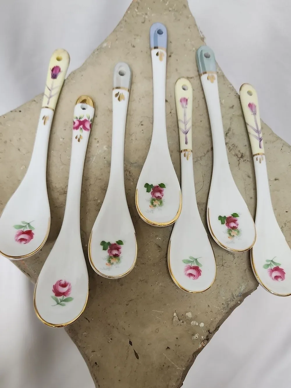 Vintage Handpainted Floral Porcelain Tea Spoons Condiment Spoons
